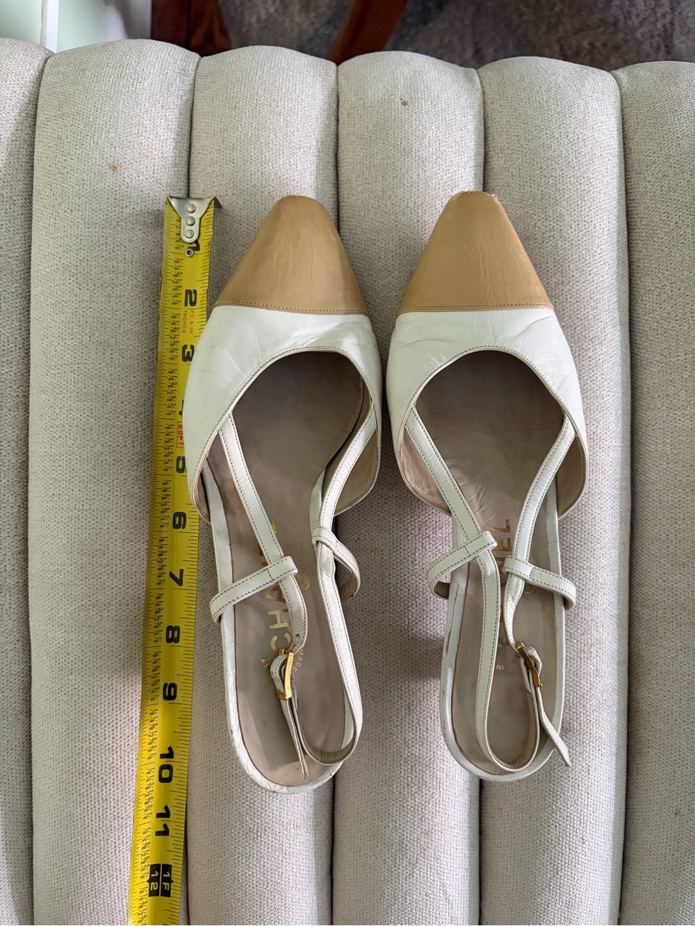 CHANEL Designer Vintage Kitten Slingback Cap Toe Heels White Size 36.5 37 6.5 7 - Picture 14 of 15